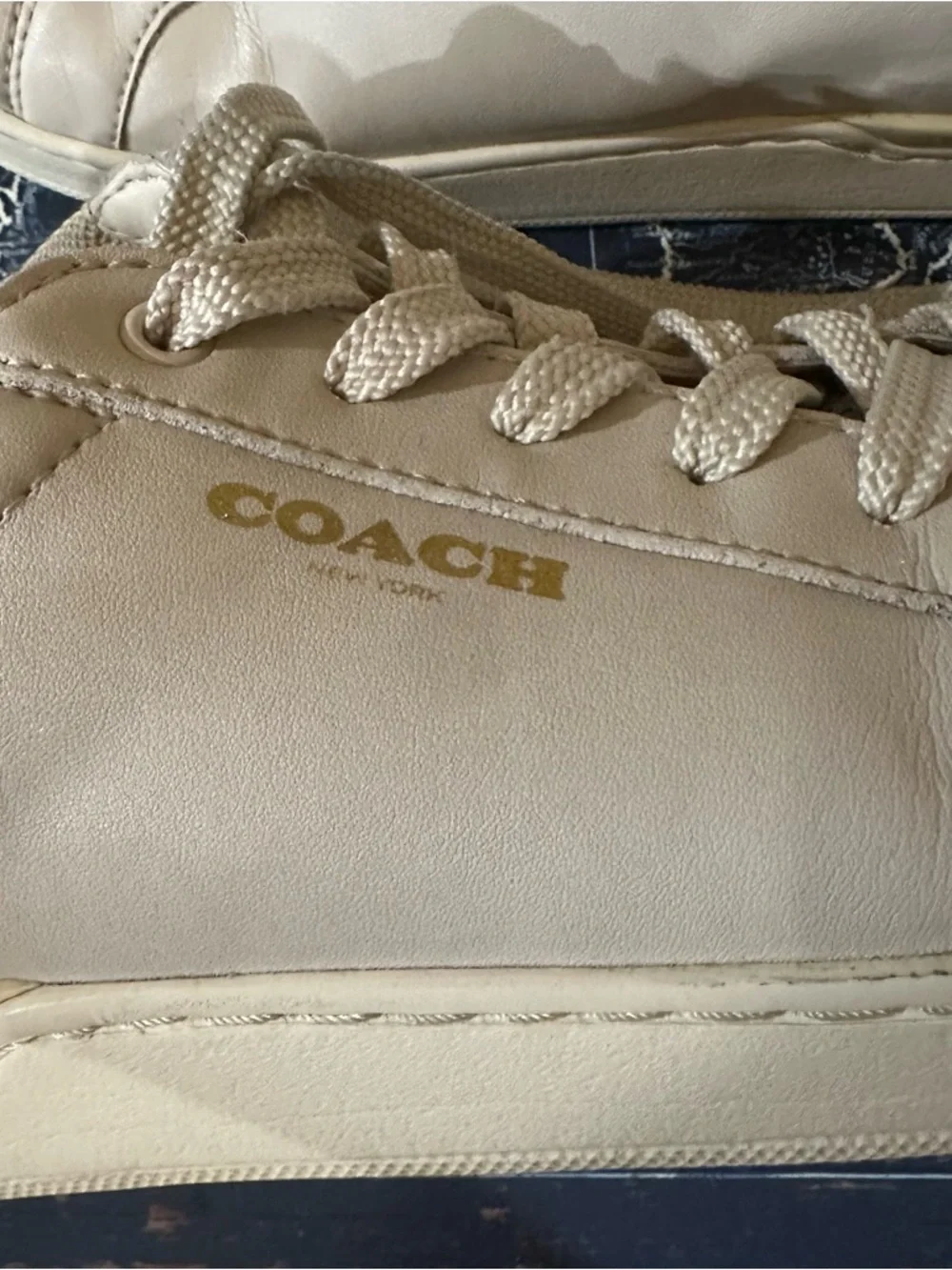 Coach Beige Leather Low Top Sneakers with Brown Heel Accent